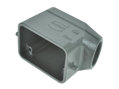 Connector housing; Han A; 19300061541; 6B; metal; angled 45°; for cable; one side cable entry; for single locking lever; entry for M25 cable gland; grey; IP65; Harting; RoHS