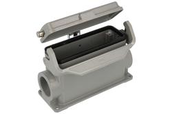 Connector housing; Han A; 19300247297; 24B; metal; for panel; for cable; both sides cables entries; with cover; with single locking lever; entry for M32 cable gland; grey; IP65; Harting; RoHS