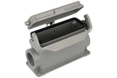 Connector housing; Han A; 19300247297; 24B; metal; for panel; for cable; both sides cables entries; with cover; with single locking lever; entry for M32 cable gland; grey; IP65; Harting; RoHS