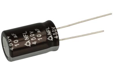 Capacitor; electrolytic; 10uF; 450V; NFL; NFL450VB10M5.0TP 12.5x20; diam.12,5x20mm; 5mm; through-hole (THT); tape; Samyoung; RoHS