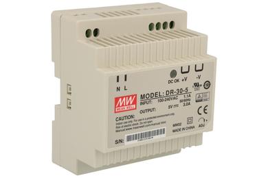 Power Supply; DIN Rail; DR-30-5; 5V DC; 3A; 15W; LED indicator; Mean Well