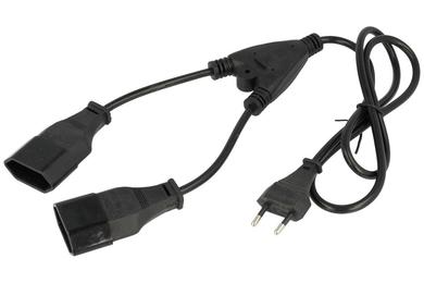 Kabel; zasilający; AK-RD-05A; wtyk sieciowy CEE 7/16 płaski; 2x gniazdo proste CEE 7/16; 1,2m; czarny; 2 żyły; 0,75mm2; 2x10A; Akyga; PVC; okrągły; linka; CCA; RoHS