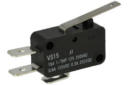 Microswitch; VS15N02-1C; lever; 27,5mm; 1NO+1NC common pin; snap action; conectors 6,3mm; 15A; 250V; Highly; RoHS