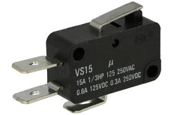 Microswitch; VS15N01-1C; lever; 14mm; 1NO+1NC common pin; snap action; conectors 6,3mm; 15A; 250V; Highly; RoHS