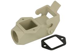 Connector housing; Han A; 19200030220; 3A; polycarbonate; angled 90°; for panel; entry for M20 cable gland; with single locking lever; grey; IP65; Harting; RoHS