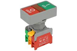 Przełącznik; przyciskowy; DPB22N2-1-O/C; ON-(OFF)+OFF-(ON); czerwony+zielony; podświetlenie bez źródła światła; pomarańczowy; śrubowe; 2 pozycje; 3A; 230V AC; 22mm; 54mm; Auspicious