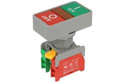 Switch; push button; DPB22-1-O/C; ON-(OFF)+OFF-(ON); red & green; no backlight; screw; 2 positions; 3A; 230V AC; 22mm; 54mm; Auspicious