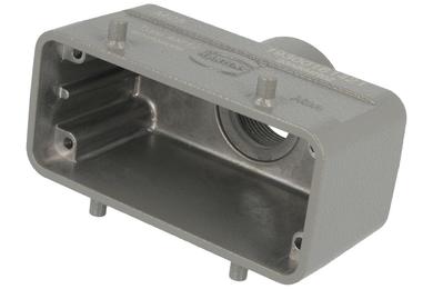 Connector housing; Han A; 19300161421; 16B; metal; straight; for cable; top single cable entry; for double locking levers; entry for M25 cable gland; silver; IP65; Harting; RoHS