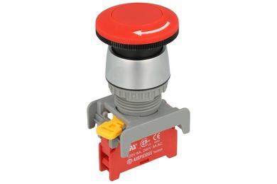Switch; safety; push button; LEB22-1-C; ON-OFF; mushroom; reset by turn; 1 way; red; no backlight; bistable; screw; 3A; 230V AC; Auspicious