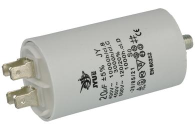 Capacitor; motor; 20uF; 450V AC; C61-450VAC-20uF; fi 40x71mm; 6,3mm connectors; screw without nut; JYC; RoHS
