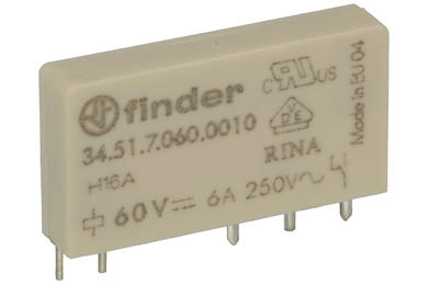Relay; electromagnetic miniature; 34.51.7.060.0010; 60V; DC; SPDT; 6A; 250V AC; PCB trough hole; for socket; Finder; RoHS