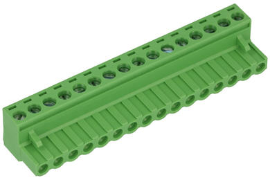 Terminal block; 2ESDV-16P; 16 ways; R=5,08mm; 18mm; 15A; 300V; for cable; angled 90°; square hole; slot screw; screw; vertical; 0,2÷2,5mm2; green; Dinkle; RoHS