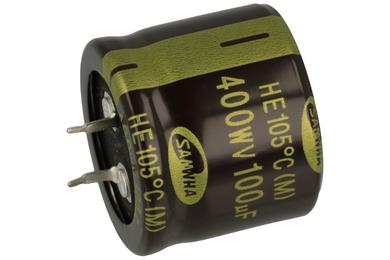 Capacitor; electrolytic; SNAP-IN; 100uF; 400V; HC; HC2G107M22030HA18; 20%; fi 22x30mm; 10mm; through-hole (THT); bulk; -25...+85°C; 3000h; Samwha; RoHS