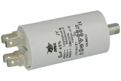 Capacitor; motor; 6uF; 450V AC; fi 30x60mm; 6,3mm connectors; screw without nut; JYC; RoHS