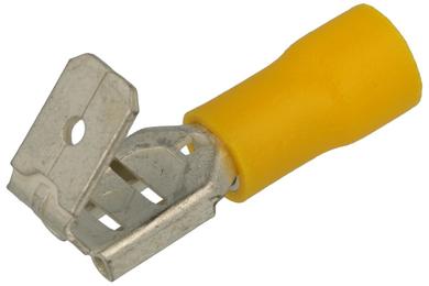 Konektor; 6,3x0,8mm; płaski wsuwka/nasuwka; izolowany; KMFY; żółty; proste; kątowe 45°; na przewód; 4÷6mm2; zaciskany; 1 tor; SGE