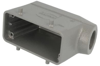Connector housing; Han A; 19300161521; 16B; metal; angled 45°; for cable; entry for M25 cable gland; for double locking levers; one side cable entry; silver; IP65; Harting; RoHS