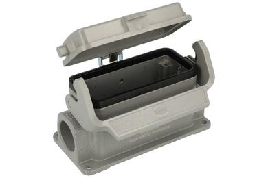 Connector housing; Han A; 19300161256; 16B; metal; straight; for panel; one side cable entry; with cover; with single locking lever; entry for M25 cable gland; silver; IP65; Harting; RoHS