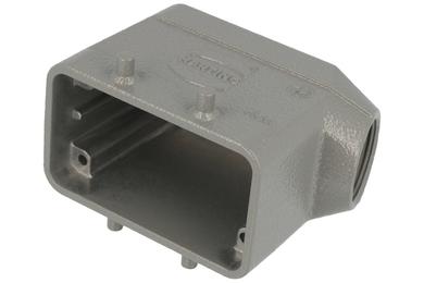 Connector housing; Han A; 19300101521; 10B; metal; angled 45°; for cable; low profile; entry for M25 cable gland; for double locking levers; one side cable entry; grey; IP65; Harting; RoHS