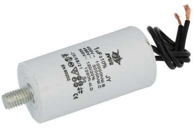 Kondensator; silnikowy (rozruchowy); CBB60 1uF/450V; 1uF; 450V AC; fi 28x55mm; z przewodami; śruba z nakrętką; Shenge; RoHS