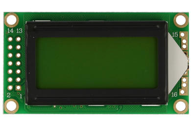 Display; LCD; alphanumeric; CBC008002E00-YHY-R; 8x2; black; Background colour: green; LED backlight; 38mm; 16mm; RoHS