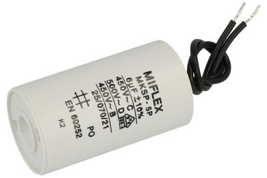 Capacitor; motor; I150V560K-G1; MKSP; 6uF; 450V AC; fi 30x53mm; with cables; Miflex; RoHS