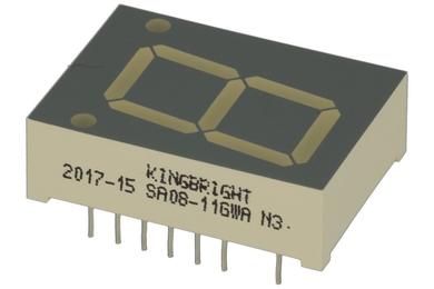 Display; LED; SA08-11GWA; single; green; anode; 7-segment; 20,32mm; 20mm; 27,7mm; Background colour: gray; 1,9÷10,5mcd; 568nm; Kingbright; 20mA; 2,2V