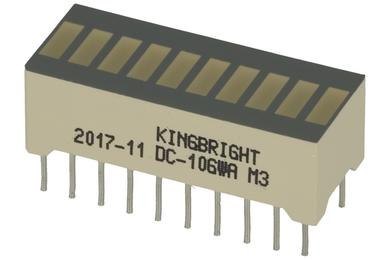 Display; LED; DC10GWA; bargraph; green; cathode; 10-segment; 5,08mm; 25,4mm; 10,16mm; Background colour: gray; 1,9÷9,5mcd; 568nm; Kingbright; 20mA; 2,2V