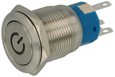Przełącznik; przyciskowy; QN19-C5 F-11 BLUE-L-12V; ON-ON; 1 tor; podświetlenie LED 12V; niebieski; symbol power; bistabilny; na panel; 5A; 250V AC; 19mm; IP65; RoHS