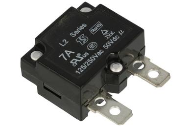 Over current breaker; bimetallic; L2-7A; 7A; 250V AC; 1 way; panel mounted; 6,3mm connectors