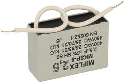 Kondensator; polipropylenowy; silnikowy (rozruchowy); MKSP; 2,5uF; 400V; I1250V525J-C; 16x28,5x41,4mm; z przewodami; Miflex; RoHS