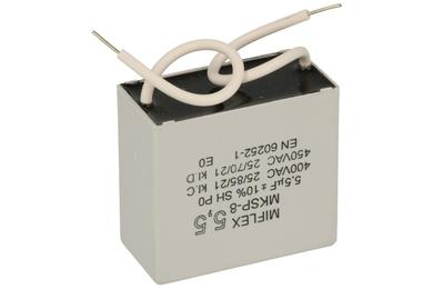 Kondensator; polipropylenowy; silnikowy (rozruchowy); I250V555K-C; MKSP; 5,5uF; 400V; 21x38x42,1mm; z przewodami; Miflex; RoHS