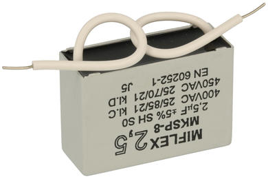 Kondensator; polipropylenowy; silnikowy (rozruchowy); I250V525J-C; MKSP; 2,5uF; 400V; 16x28,5x41,4mm; z przewodami; Miflex; RoHS