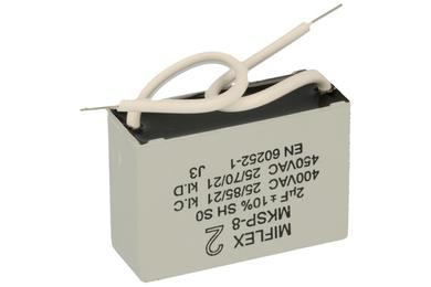 Kondensator; polipropylenowy; silnikowy (rozruchowy); MKSP; 2uF; 400V; I1250V520K-C; 16x28,5x41,4mm; z przewodami; Miflex; RoHS