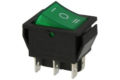 Switch; rocker; C1570/IRS-203; ON-OFF-ON; 2 ways; green; neon bulb 250V backlight; green; bistable; 6,3x0,8mm connectors; 22x30mm; 3 positions; 15A; 250V AC
