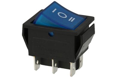 Switch; rocker; C1570/IRS-203; ON-OFF-ON; 2 ways; blue; neon bulb 250V backlight; blue; bistable; 6,3x0,8mm connectors; 22x30mm; 3 positions; 16A; 250V AC