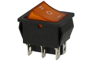 Switch; rocker; C1570/IRS-203; ON-OFF-ON; 2 ways; yellow; neon bulb 250V backlight; yellow; bistable; 6,3x0,8mm connectors; 22x30mm; 3 positions; 15A; 250V AC