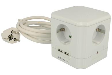 Power socket; extension cord; W-EC-4xBox; CEE 7/4 angled plug; CEE 7/4 straight socket; USB A socket; 1,5m; white; 3 cores; 1,50mm2; 16A; Goobay; round; stranded; Cu; RoHS