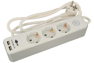 Power socket; extension cord; NK 300-150 CS; CEE 7/7 angled plug; CEE 7/4 straight socket; USB A socket; 1,5m; white; 3 cores; 1,50mm2; Goobay; round; stranded; Cu; RoHS