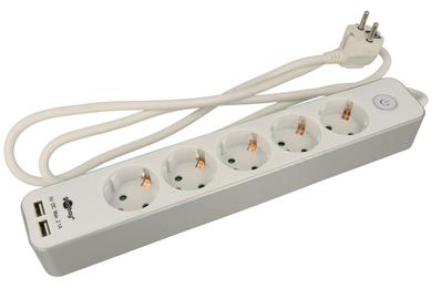 Power socket; extension cord; NK 500-150 CS; CEE 7/7 angled plug; CEE 7/4 straight socket; USB A socket; 1,5m; white; 3 cores; 1,50mm2; Goobay; round; stranded; Cu; RoHS