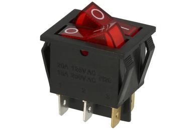 Przełącznik; klawiszowy (kołyskowy); IRS2101-1C3r; ON-OFF; 2 tory; czerwony; podświetlenie neonówka 250V; czerwony; bistabilny; konektory 6,3x0,8mm; 22x30mm; 2 pozycje; 15A; 250V AC