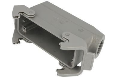Connector housing; Han A; 19300241531; 24B; metal; angled 45°; for cable; with double locking levers; entry for M25 cable gland; one side cable entry; grey; IP65; Harting; RoHS