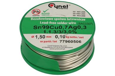 Spoiwo lutownicze; 1,5mm; szpulka 0,1kg; SAC0307/1,50/0,1; bezołowiowe; Sn99Cu0,7Ag0,3; Cynel; drut; 1.1.3/3/3.0%; cyna