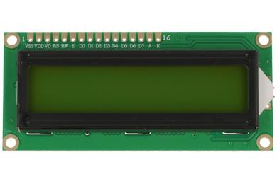Wyświetlacz; LCD; alfanumeryczny; LCD-CC-1602A-YIY Y/G-E6 C; 16x2; czarny; Kolor tła: zielony; podświetlenie LED; 64mm; 16mm; RoHS