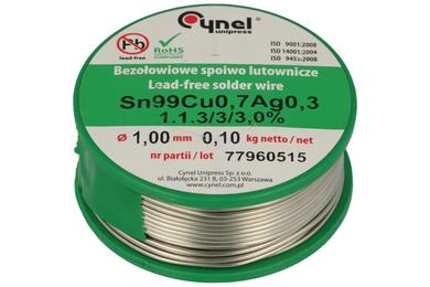 Soldering wire; 1,0mm; reel 0,1kg; SAC0307/1,00/0,1; lead-free; Sn99Cu0,7Ag0,3; Cynel; wire; 1.1.3/3/3.0%; solder tin