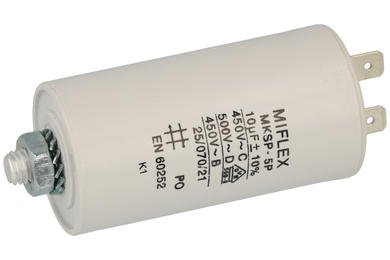 Capacitor; motor; I150V610k-B1; MKSP; 10uF; 450V AC; fi 35x65mm; 6,3mm connectors; screw with a nut; Miflex; RoHS
