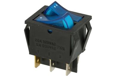 Przełącznik; klawiszowy (kołyskowy); IRS2101-1C3b; ON-OFF; 2 tory; niebieski; podświetlenie neonówka 250V; niebieski; bistabilny; konektory 6,3x0,8mm; 22x30mm; 2 pozycje; 15A; 250V AC