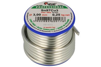 Spoiwo lutownicze; lead-free; Sn97Cu3/3,00/0,25; 3,0mm; reel 0,25kg; Sn97Cu3; Cynel; wire; flux free; solder tin