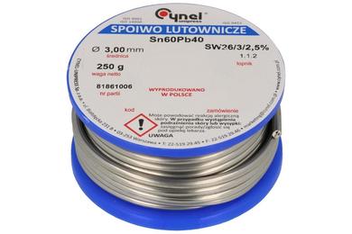 Spoiwo lutownicze; 3,0mm; szpulka 0,25kg; LC60/3,00/0,25; ołowiowe; Sn60Pb40; Cynel; drut; SW26/3/2.5%; cyna