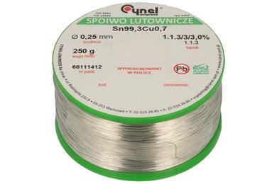 Soldering wire; 0,25mm; reel 0,25kg; Sn99,3Cu0,7/0,25/0,25; lead-free; Sn99,3Cu0,7; Cynel; wire; 1.1.3/3/3.0%; solder tin