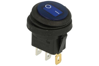 Przełącznik; klawiszowy (kołyskowy); A-605/BL; ON-OFF; 1 tor; niebieski; podświetlenie LED 12V; niebieski; bistabilny; konektory 4,8x0,8mm; 20mm; 2 pozycje; 6A; 250V AC